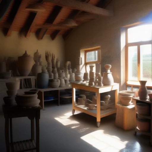 2647067587-pottery studio with a kiln and a lot of clay pieces in the background with sunlight god rays coming from the window shining on t.webp